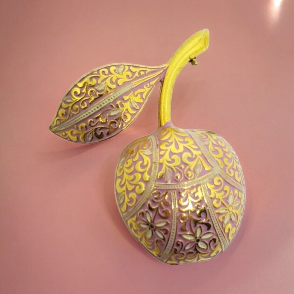 Vintage Estate Pink Enamel Damascene Cherry Brooch Gold Tone 2 1/8" Fruit Pin